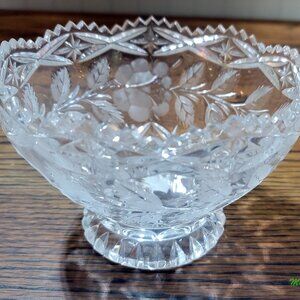 Crystal Footed Bowl Sawtooth Scalloped Rim Etched Frosted Rose Leaf Pattern
